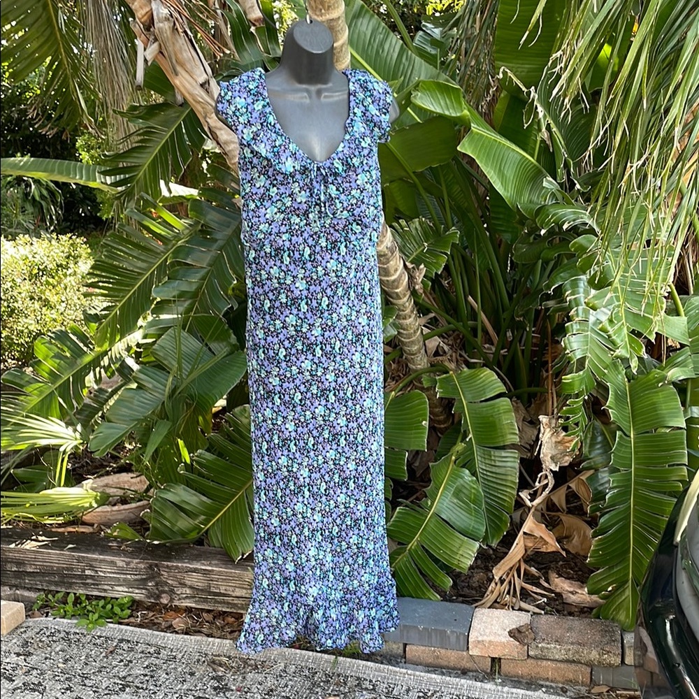 Ruffled floral semi sheer chiffon tea dress